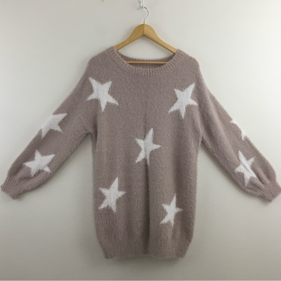 Pink & White Crew Neck Oversized Sweater with Star Pattern - Picture 2 of 10
